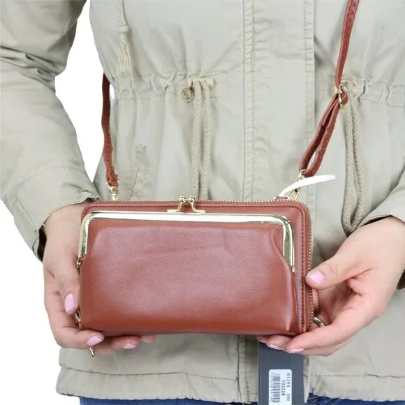 Brown Faux Leather Purse Wallet Cross Body Shoulder Bag Clutch Coin Purse - Picture 5 of 8